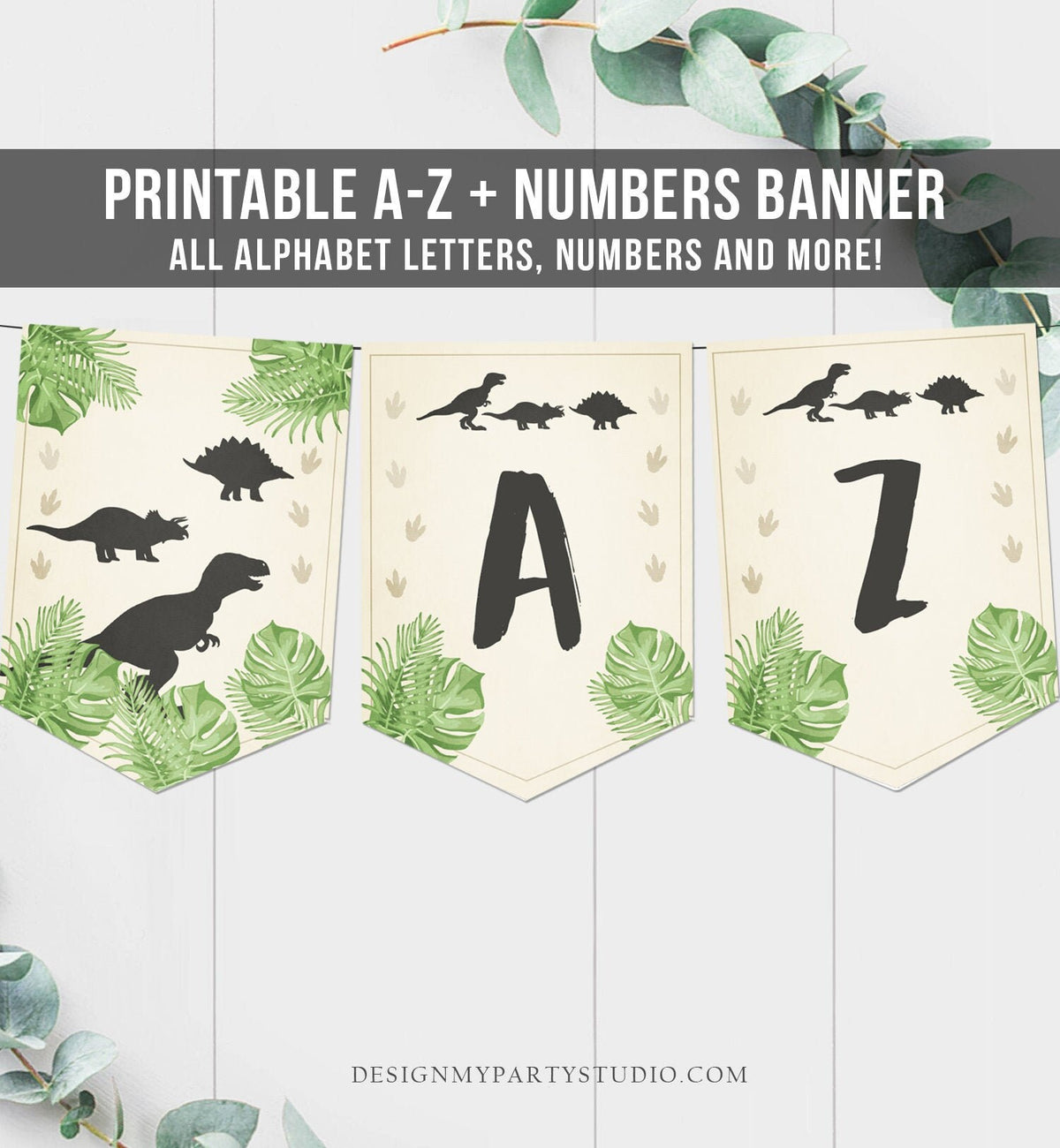 Dinosaur Birthday Banner A-Z Alphabet Numbers Banner First Happy Birthday Banner Boy T-Rex Dino Prehistoric Decor Download Printable 0043