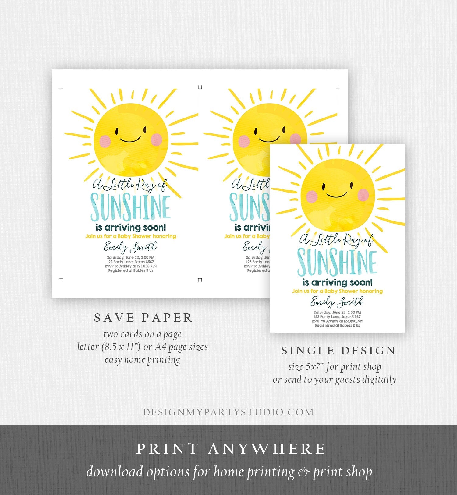 Editable Baby Shower Invitation A Ray of Sunshine Little Sunshine Blue Yellow Boy Invite Template Instant Download Digital Corjl 0141