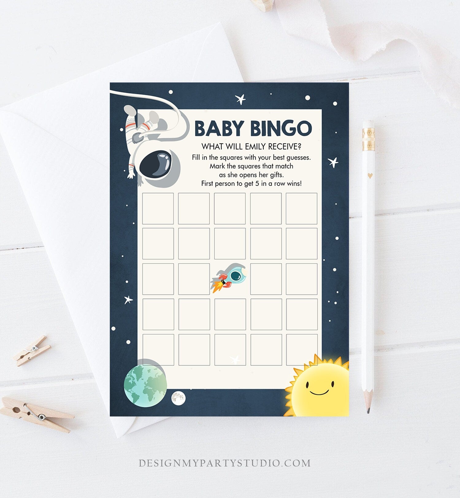 Editable Baby Bingo Baby Shower Game Space Baby Shower Activity Astronaut Rocket Boy Space Ship Bingo Cards Digital Template Printable 0046