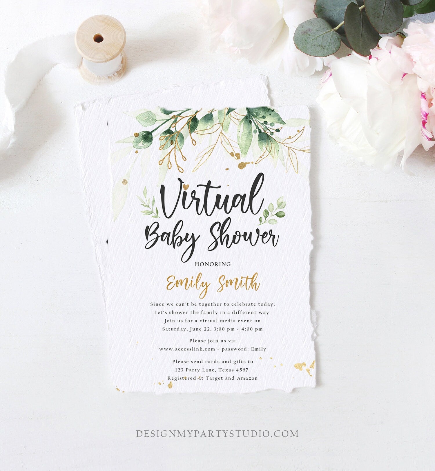 Editable Virtual Baby Shower Invitation Drive By Through Social Distancing Gold Green Floral Greenery Couples Quarantine Corjl Template 0168