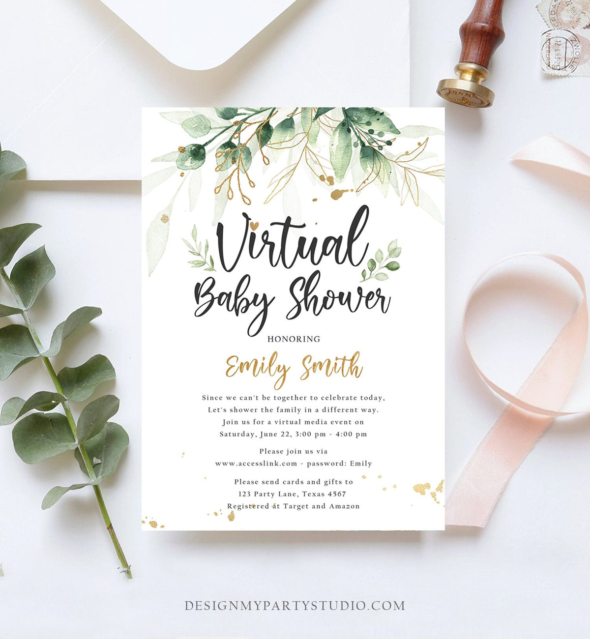 Editable Virtual Baby Shower Invitation Drive By Through Social Distancing Gold Green Floral Greenery Couples Quarantine Corjl Template 0168