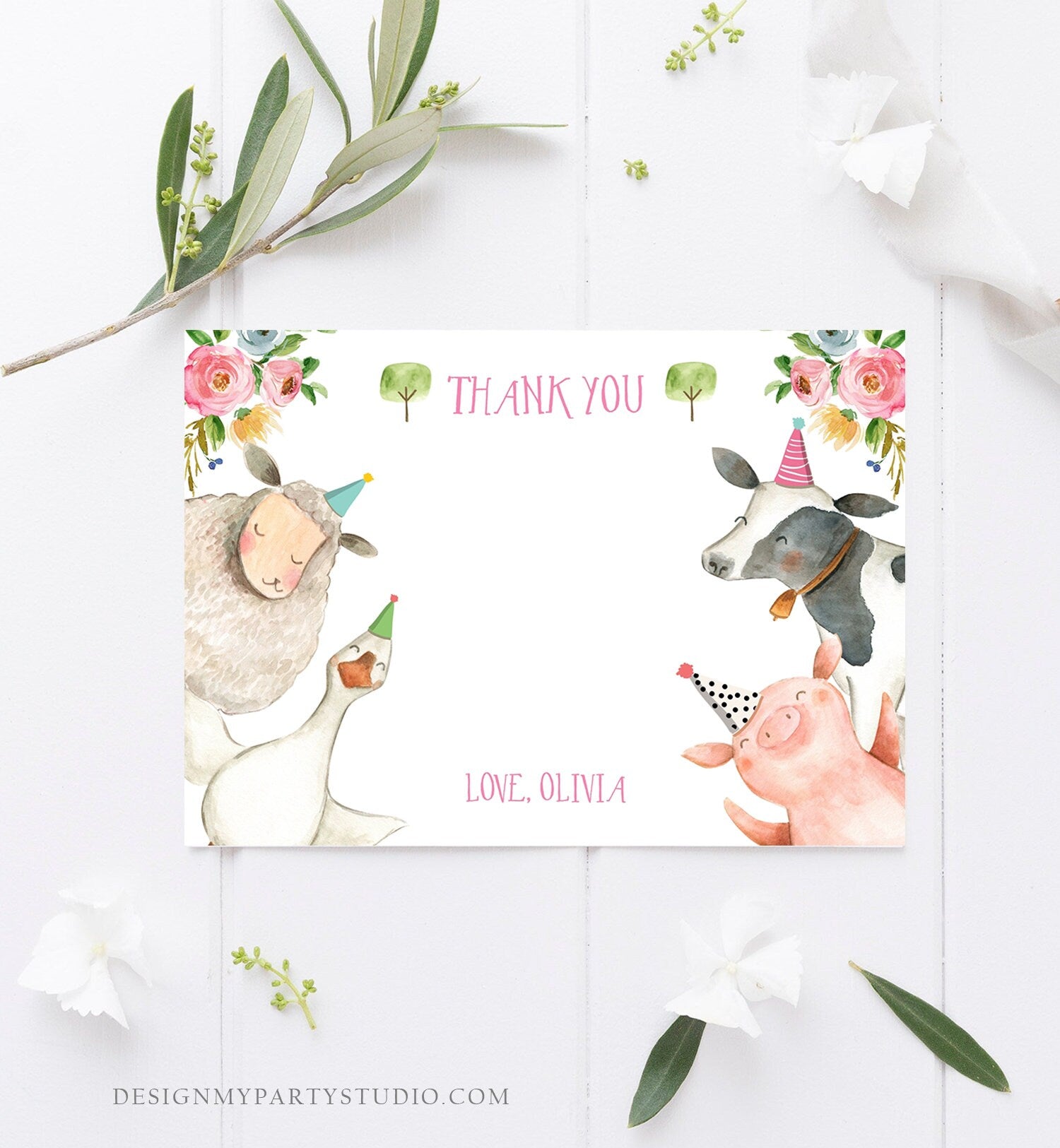 Editable Farm Animals Thank You Card Pink Gingham Farm Birthday Girl Barnyard Thank You Card Birthday Template Digital Instant Download 0155