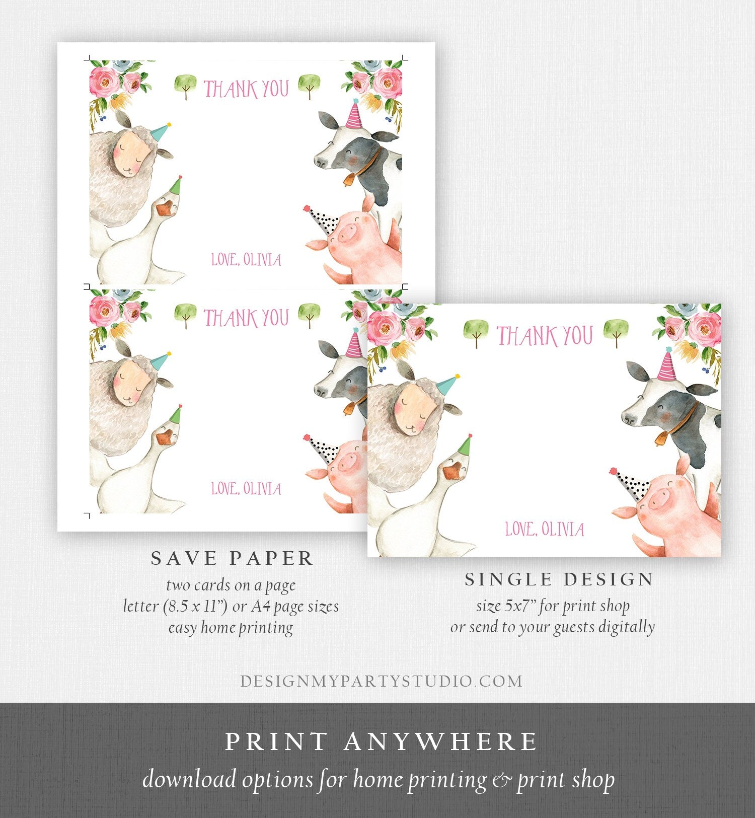 Editable Farm Animals Thank You Card Pink Gingham Farm Birthday Girl Barnyard Thank You Card Birthday Template Digital Instant Download 0155