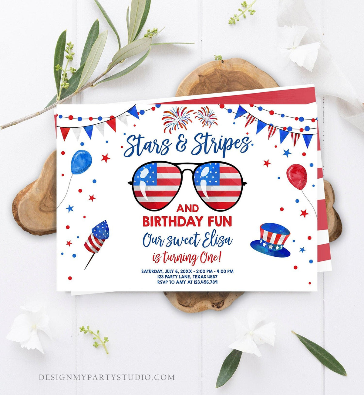 Editable Memorial Day Birthday Invitation 4th of July Little Firecracker Stars and Stripes Red White Blue Template Corjl Digital 0122