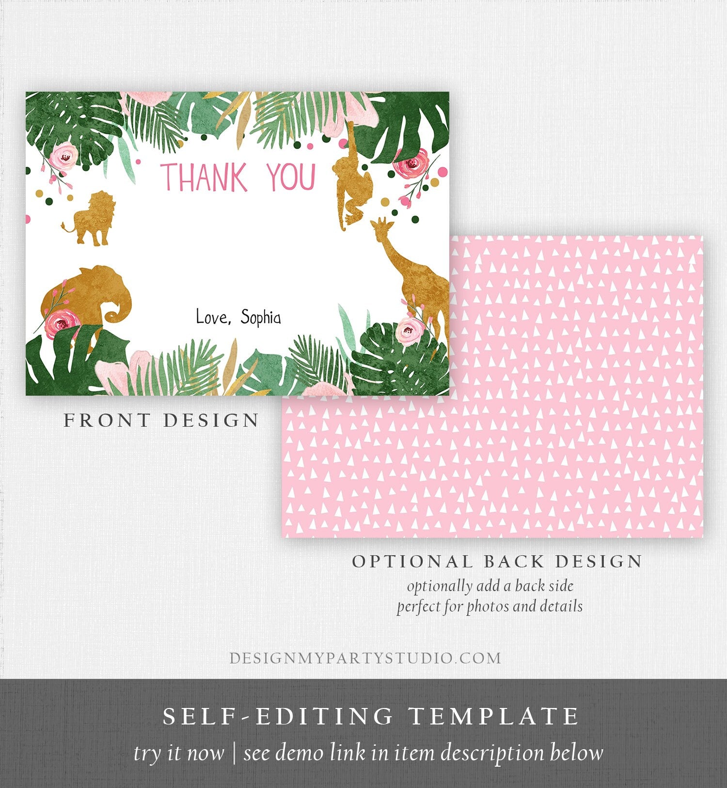 Editable Safari Animals Thank You Card Wild One Thank You Note Pink Gold Girl Jungle Wild Animals Printable Corjl Template Digital 0016