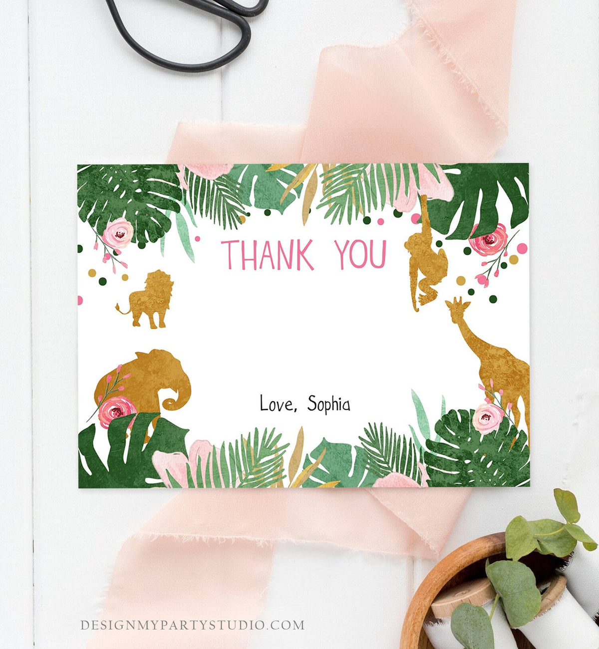 Editable Safari Animals Thank You Card Wild One Thank You Note Pink Gold Girl Jungle Wild Animals Printable Corjl Template Digital 0016