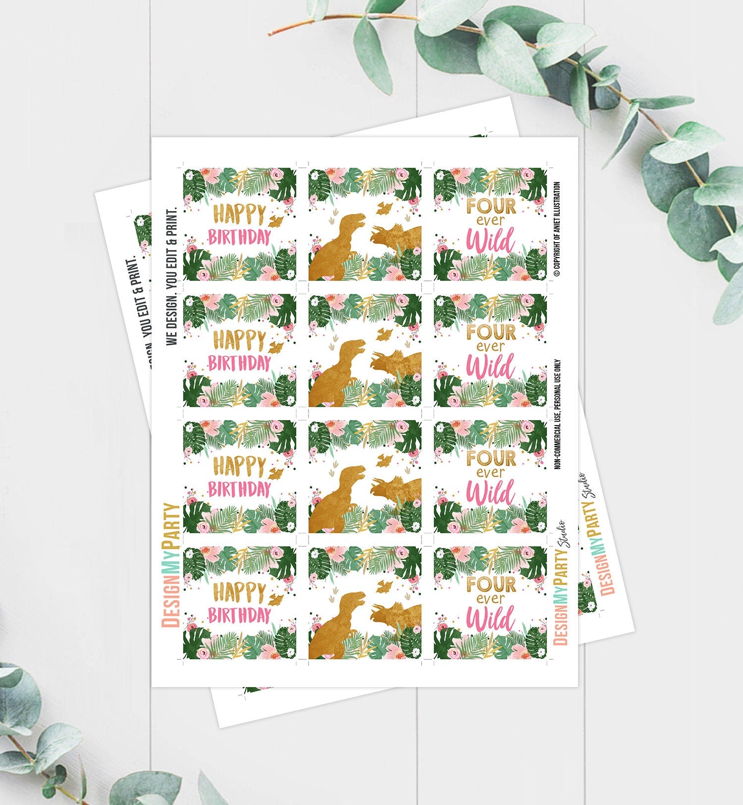 Fourever Wild Cupcake Toppers Favor Tags Dinosaur Fourth Birthday Party 4th Decor Girl Stickers Dino Party Pink Gold Download Printable 0146