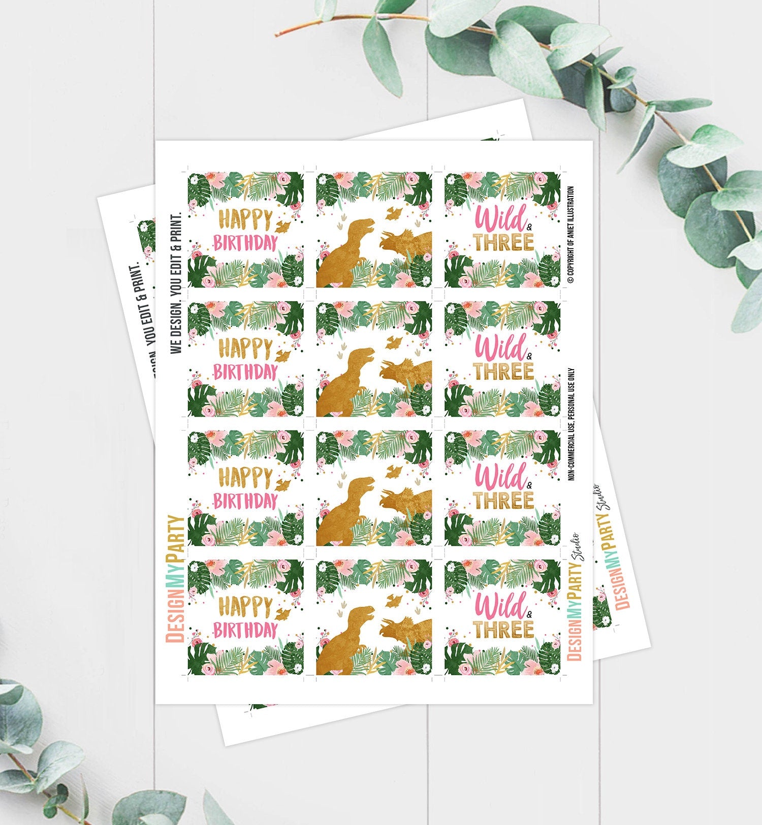 Wild and Three Cupcake Toppers Favor Tags Dinosaur Third Birthday Party 3rd Decor Girl Stickers Dino Party Pink Gold Download Printable 0146