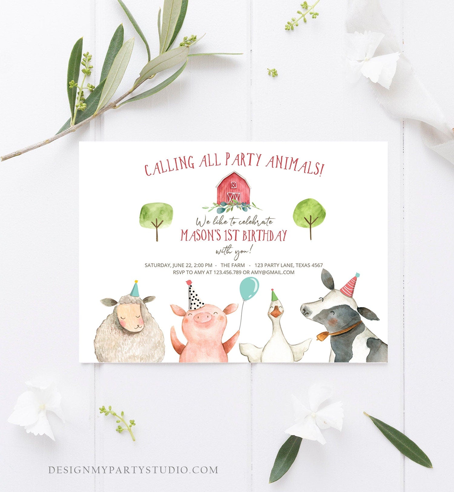 Editable Farm Birthday Invitation Boy Farm Animals Boy Barnyard Birthday Party Animals Printable Invitation Template Digital Corjl 0155