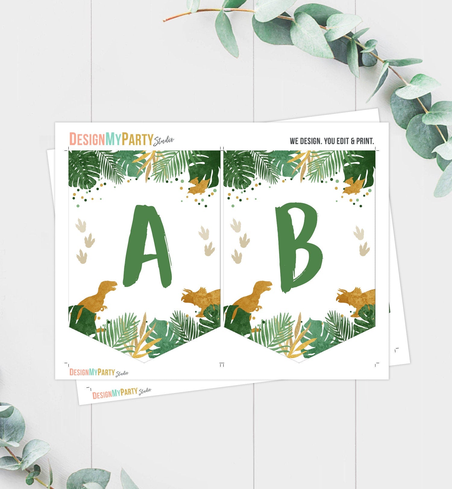 Dinosaur Birthday Banner A-Z Alphabet Numbers Banner First Happy Birthday Banner Boy T-Rex Gold Dino Prehistoric Decor Printable 0146