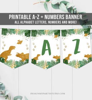 Dinosaur Birthday Banner A-Z Alphabet Numbers Banner First Happy Birthday Banner Boy T-Rex Gold Dino Prehistoric Decor Printable 0146