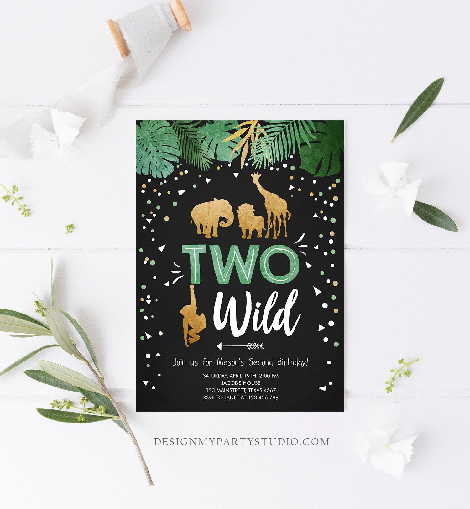 Editable Two Wild Birthday Invitation Safari Animals Wild Animals Black Gold Second Birthday 2nd Jungle Printable Corjl Template 0016