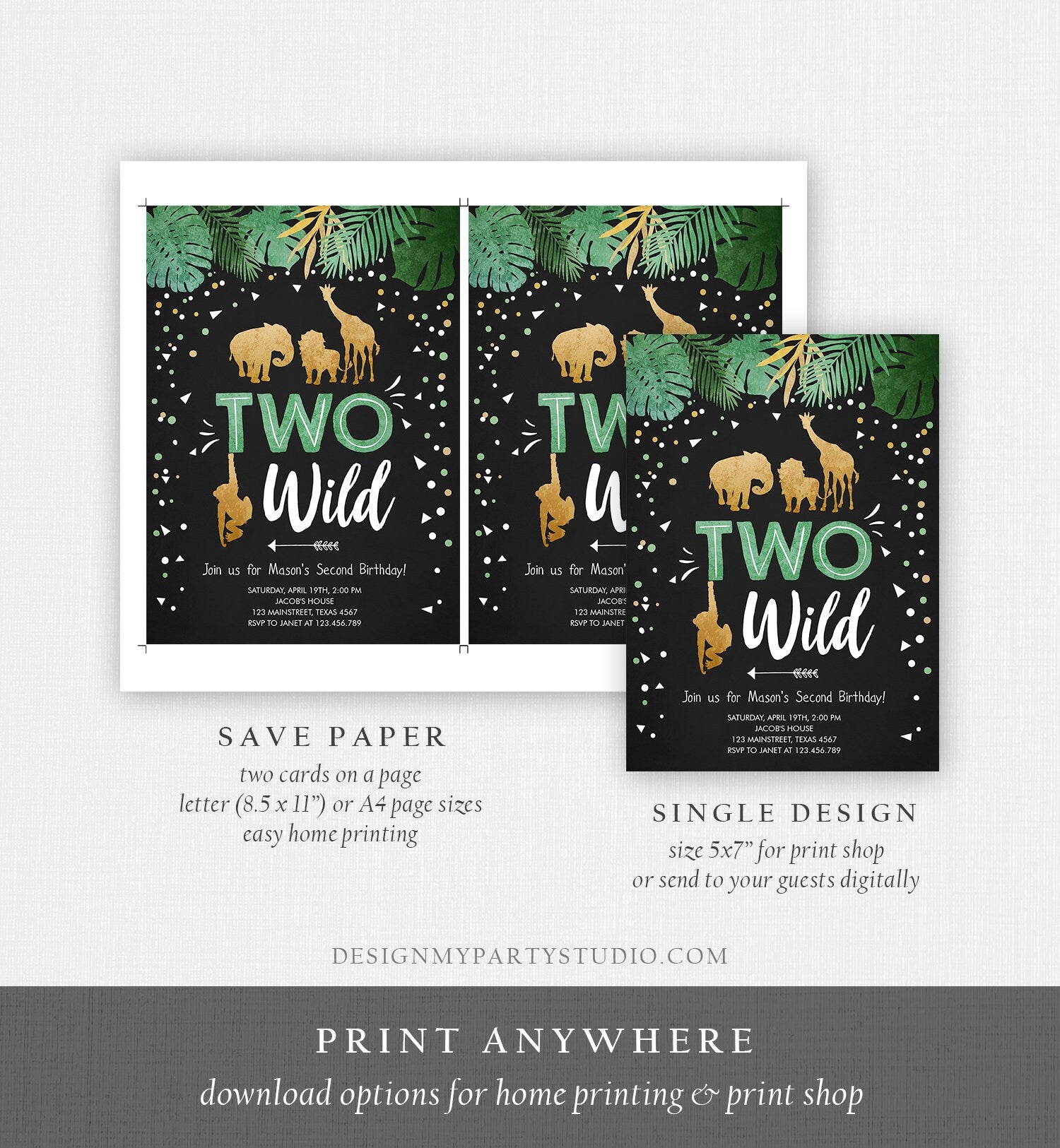 Editable Two Wild Birthday Invitation Safari Animals Wild Animals Black Gold Second Birthday 2nd Jungle Printable Corjl Template 0016