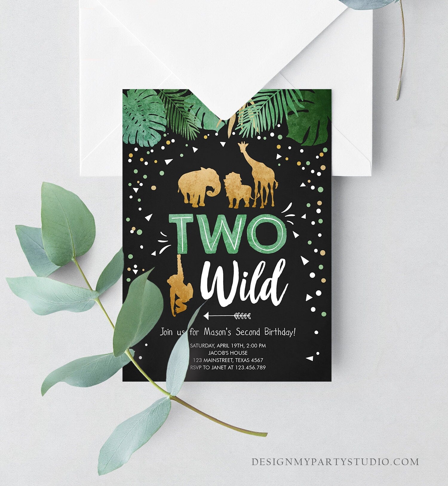 Editable Two Wild Birthday Invitation Safari Animals Wild Animals Black Gold Second Birthday 2nd Jungle Printable Corjl Template 0016