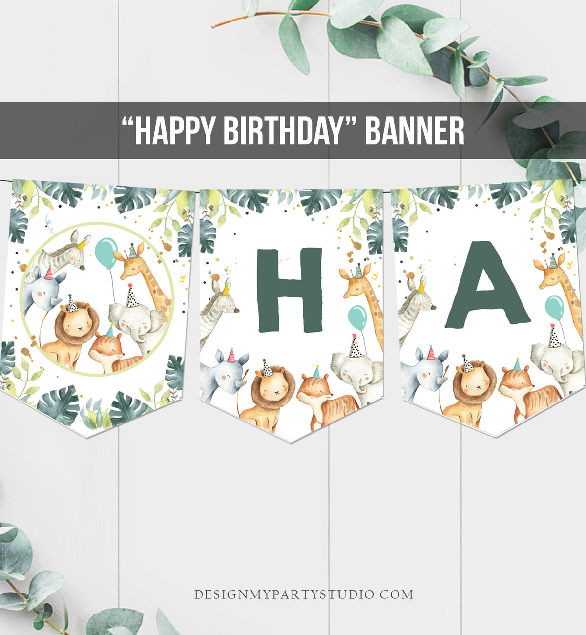 Happy Birthday Banner Safari Animals Party Animals Wild One Birthday Boy 1st Bday Zoo Decorations Instant Download PRINTABLE DIGITAL 0163