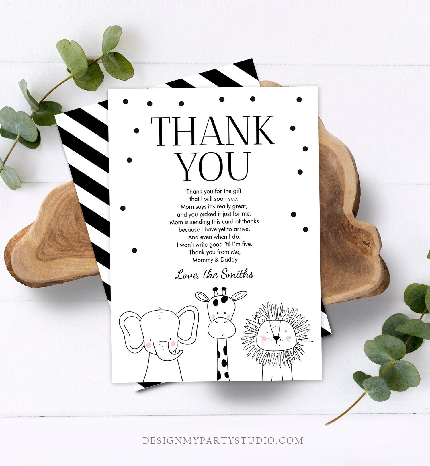 Editable Baby Shower Thank You Card Baby Shower Birthday Safari Animals Wild Zoo Jungle Modern Monogram Digital Corjl Template 0039