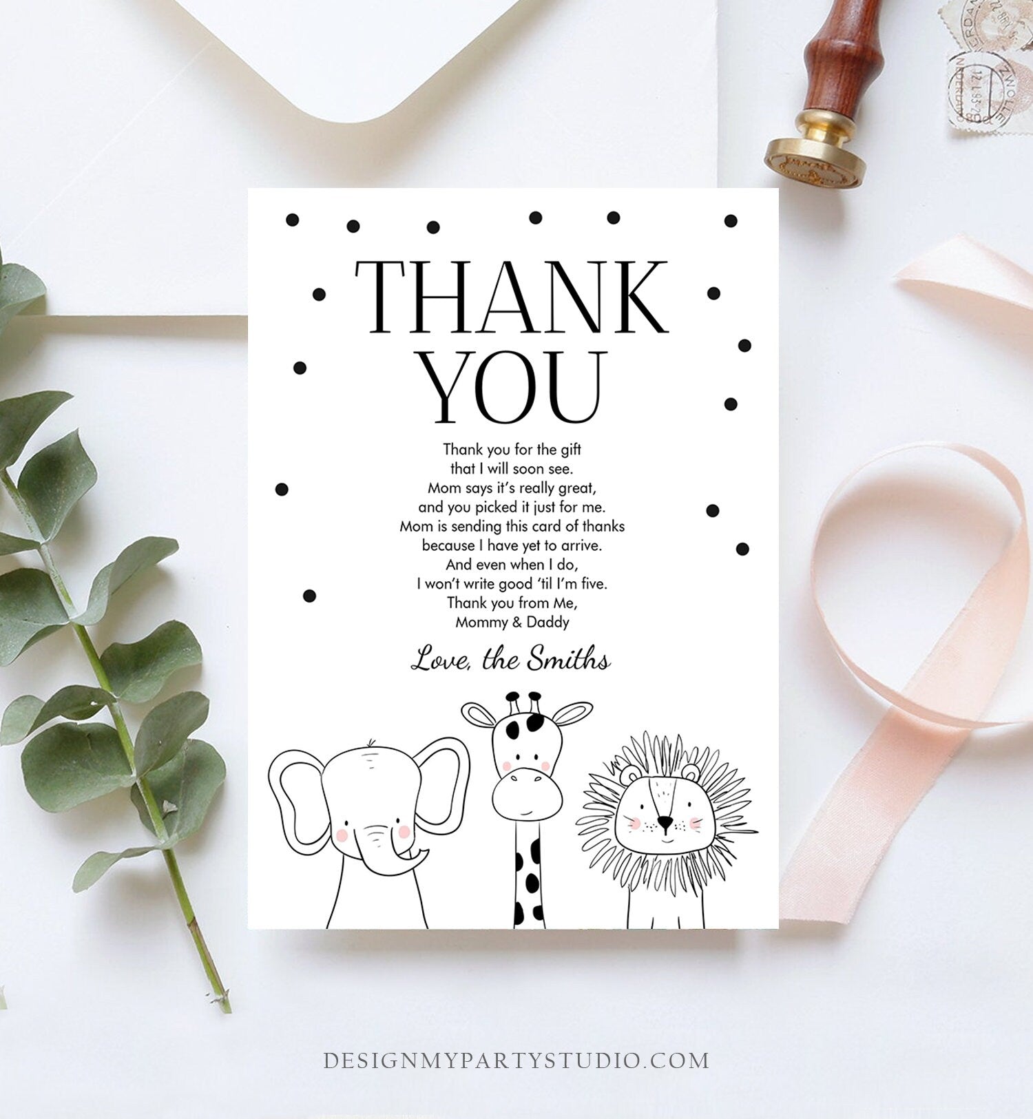 Editable Baby Shower Thank You Card Baby Shower Birthday Safari Animals Wild Zoo Jungle Modern Monogram Digital Corjl Template 0039