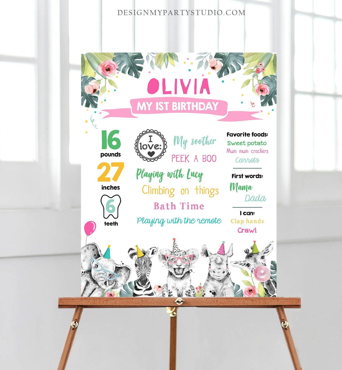 Editable Party Animals Birthday Milestones Sign Girl Pink Blue First Birthday 1st Safari Animals Wild Zoo Corjl Template Printable 0322