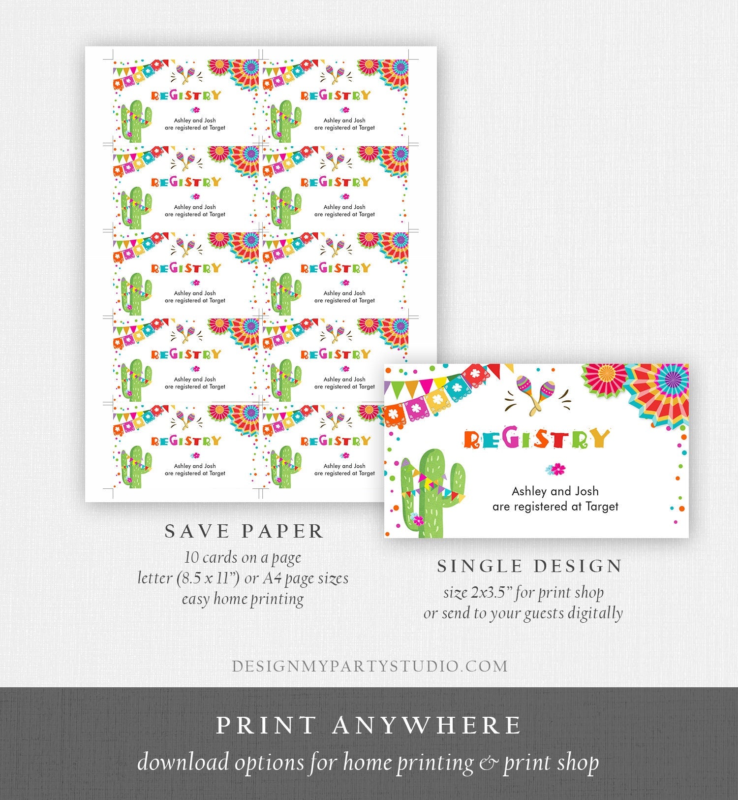 Editable Fiesta Insert Card Registry Card Enclosure Card Baby Bridal Shower Birthday Cactus Gift Card Mexican Succulent Corjl Template 0045