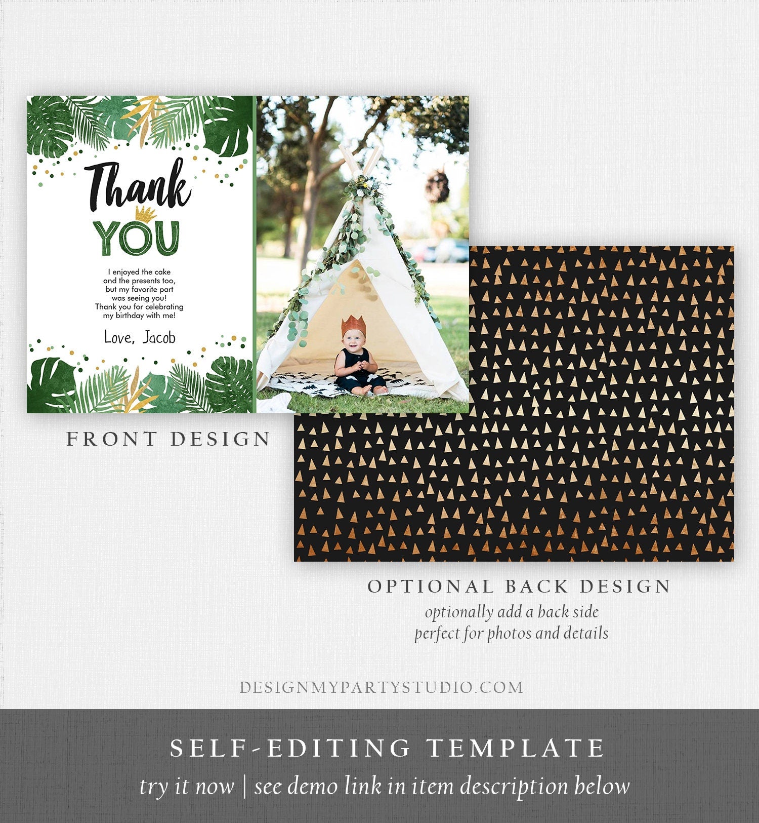 Editable Thank You Card Safari Wild One Two Wild and Three Wild Things Thank You Note Black Gold Photo Boy Digital Template Printable 0332