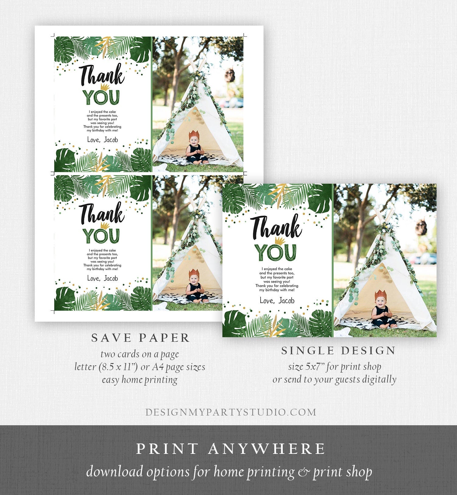 Editable Thank You Card Safari Wild One Two Wild and Three Wild Things Thank You Note Black Gold Photo Boy Digital Template Printable 0332