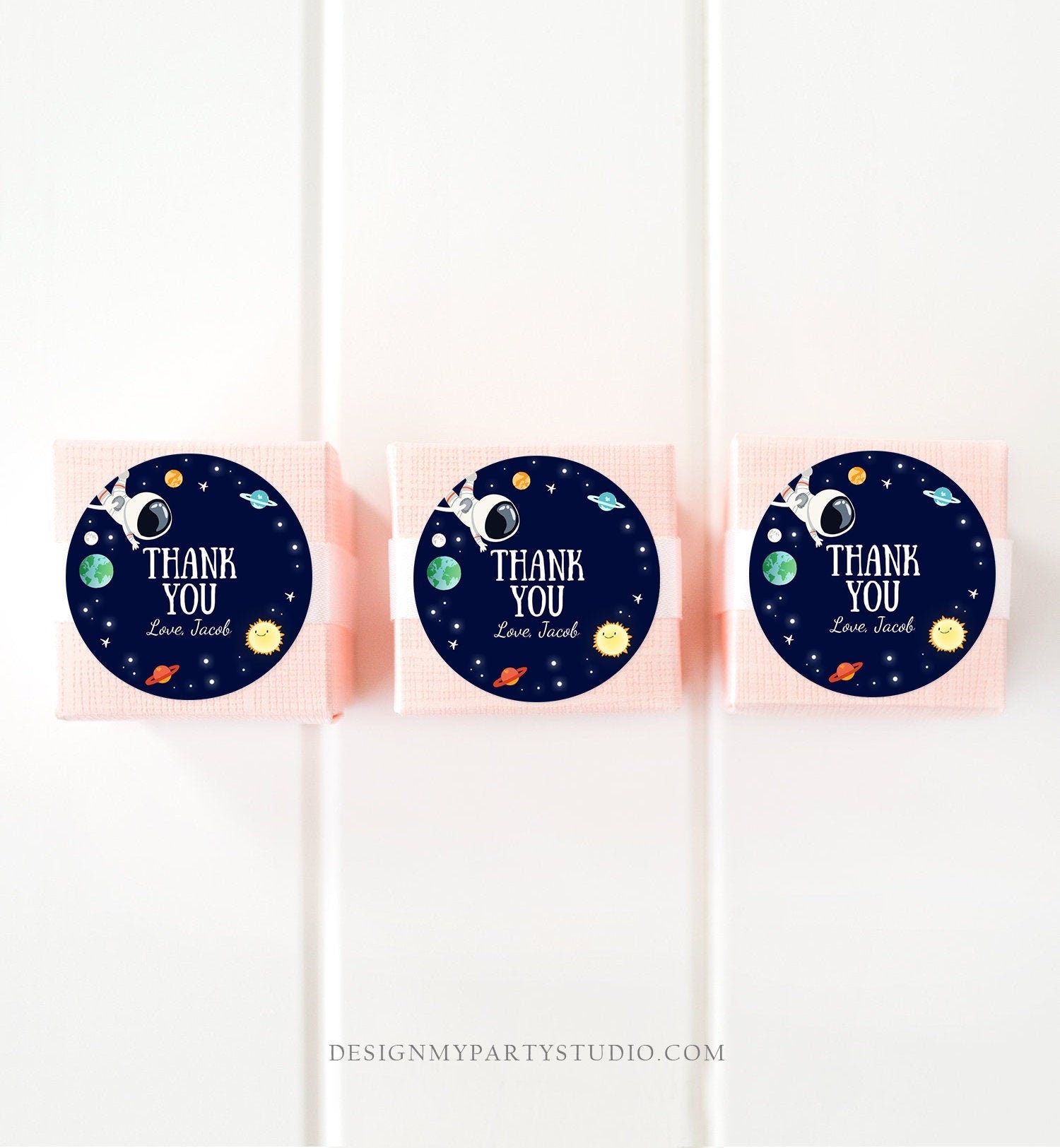 Editable Boy Space Astronaut Favor Tag Thank You Tag Birthday Party Outer Space Galaxy Planets and Stars Round Square Corjl Template 0259