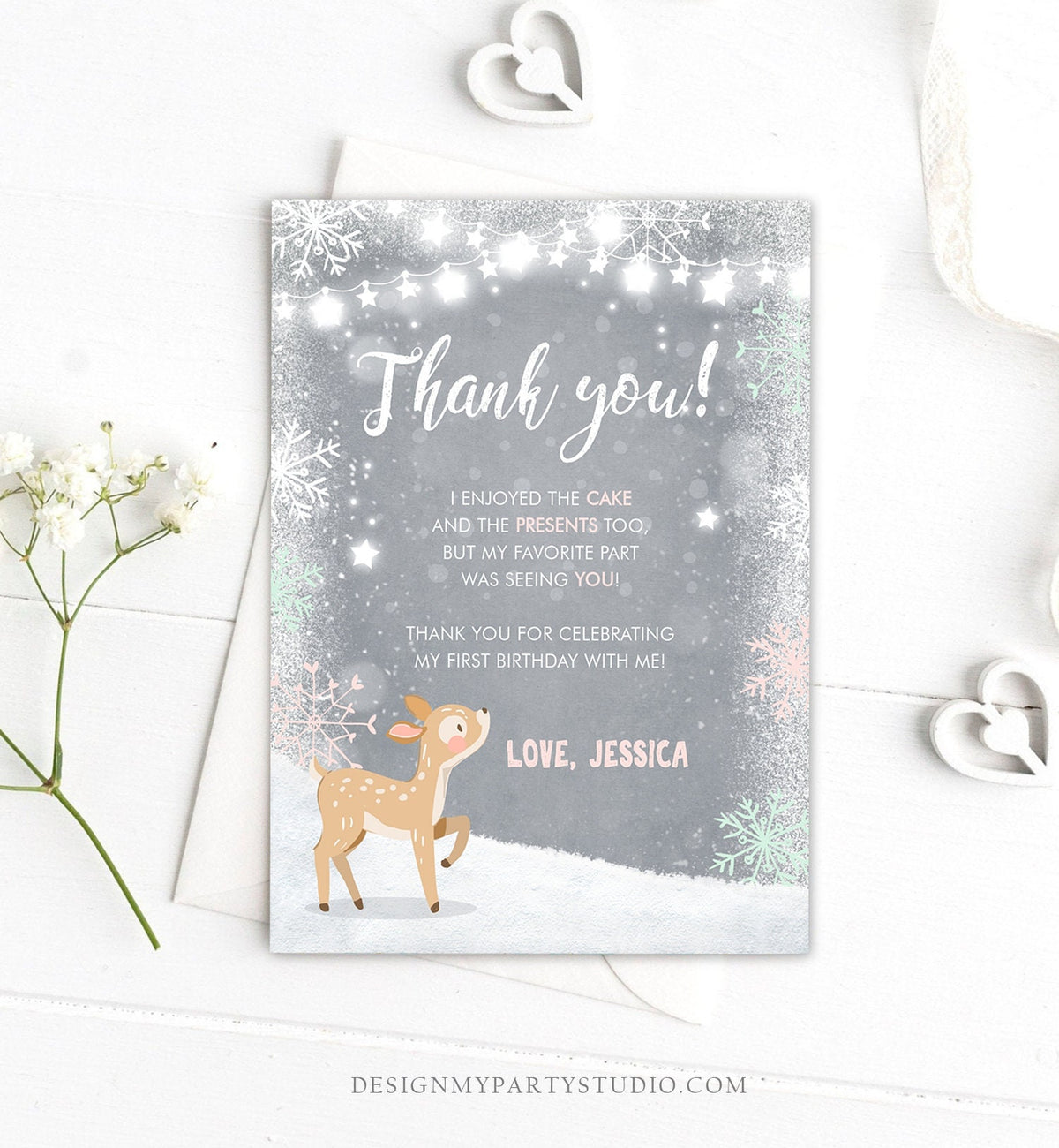 Editable Winter ONEderland Thank You Card Birthday First Birthday Snow Snowflake Girl Pink Mint Grey Deer Printable Template Corjl 0109