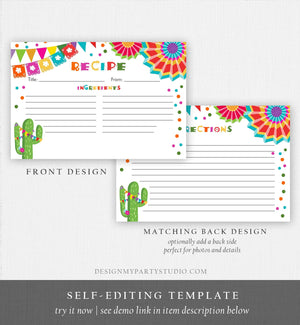 Editable Fiesta Cactus Recipe Cards Fiesta Bridal Shower Baby Succulent Mexican Double Sided 4x6 Download Corjl Template Printable 0045