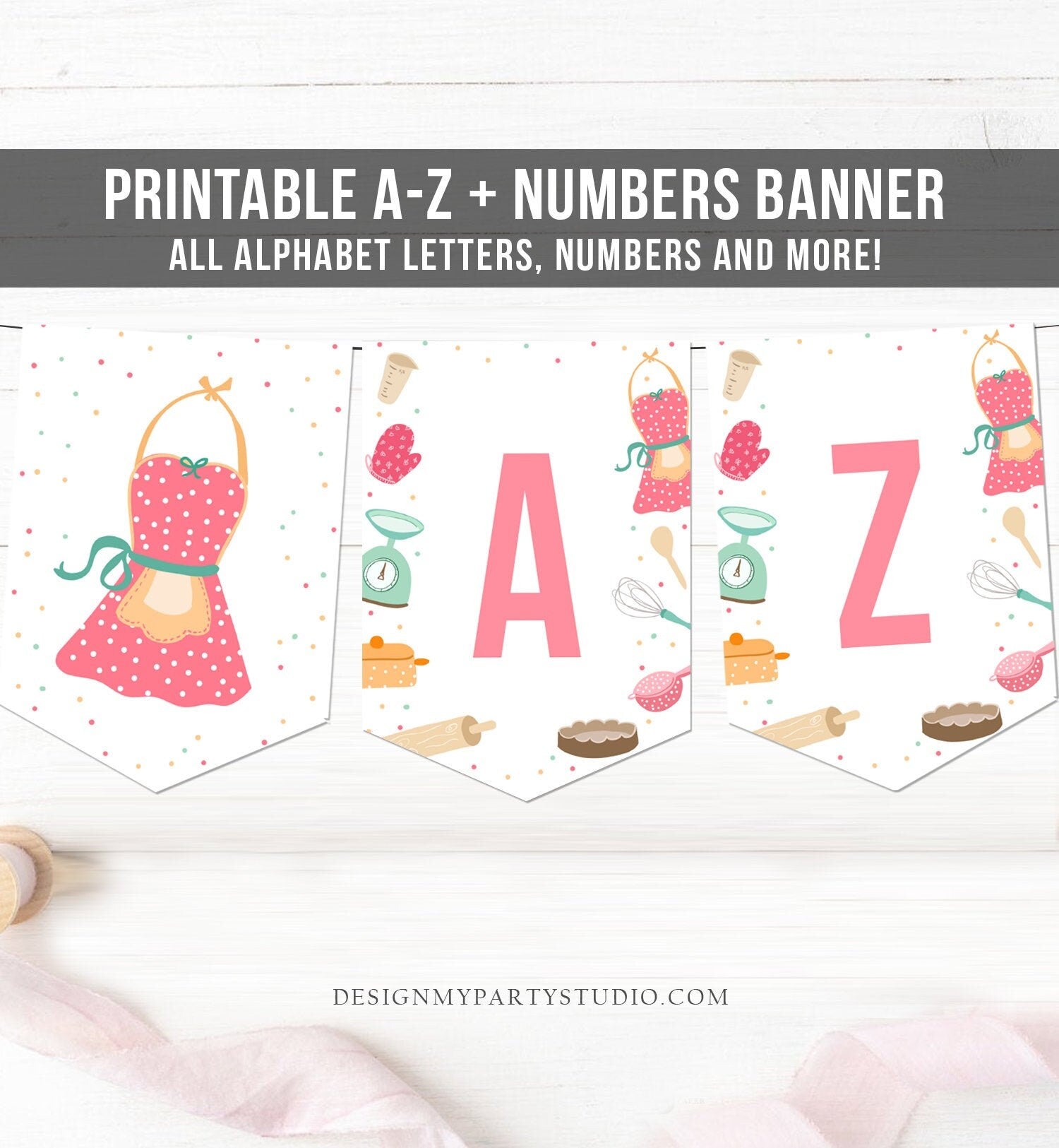 Kitchen Cooking Birthday Banner A-Z Alphabet Numbers Banner First Happy Birthday Banner Girl Safari Animals Decor Download Printable 0219