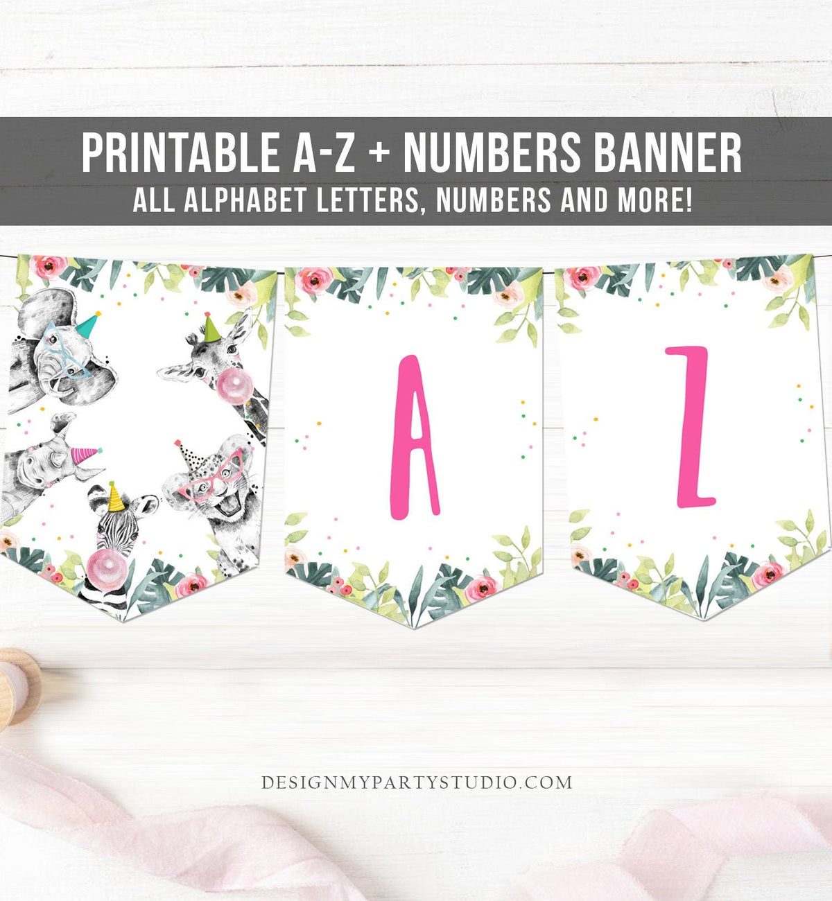 Safari Party Animals Birthday Banner A-Z Alphabet Numbers Banner First Happy Birthday Banner Girl Safari Animals Decor Printable 0322