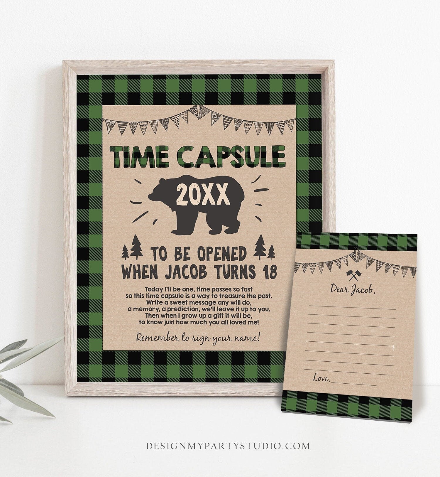 Editable Lumberjack Time Capsule First Birthday Party Game Bear Buffalo Green Plaid Guestbook Digital Download Corjl Template Printable 0026