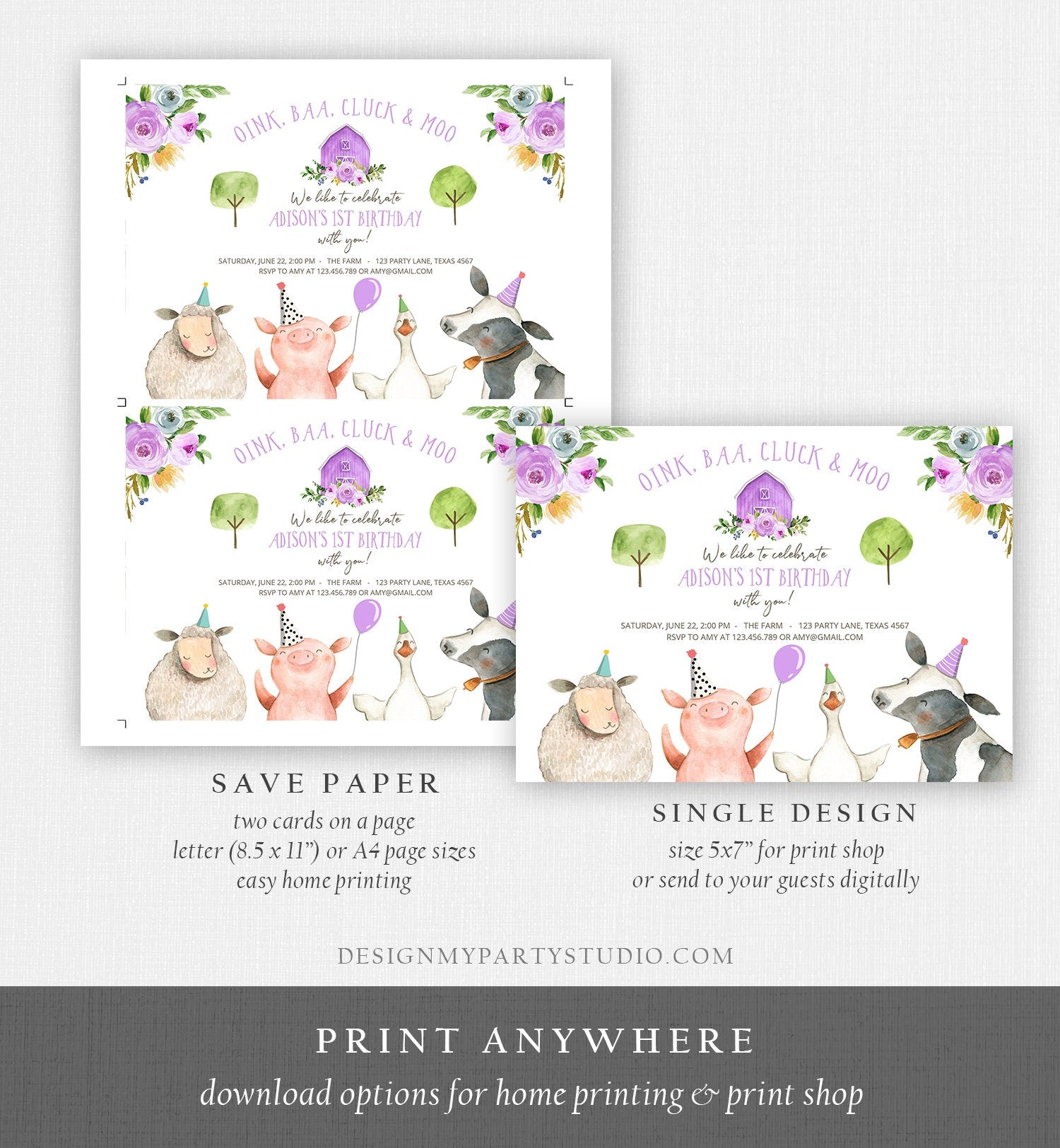 Editable Farm Birthday Invitation Girl Farm Animals Purple Floral Barnyard Party Download Printable Invitation Template Digital Corjl 0155