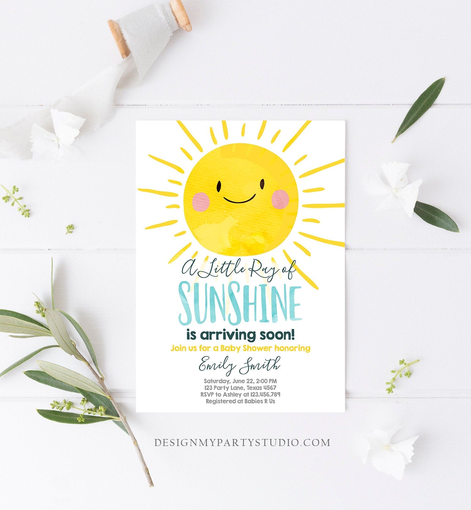 Editable Baby Shower Invitation A Ray of Sunshine Little Sunshine Blue Yellow Boy Invite Template Instant Download Digital Corjl 0141