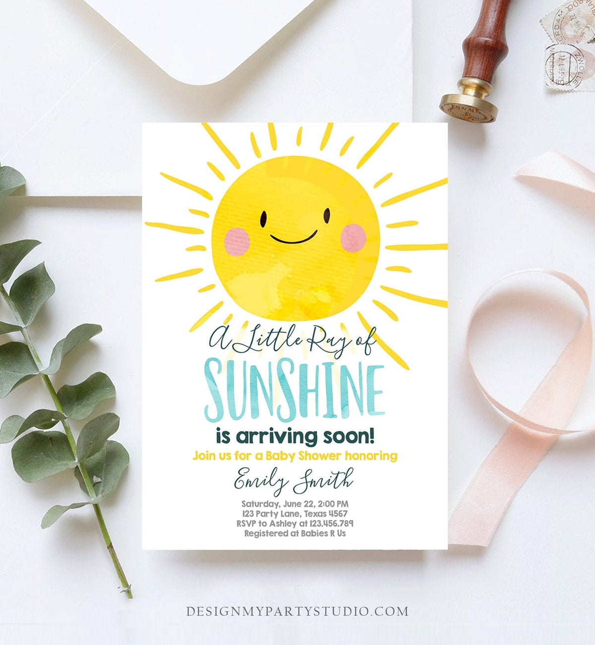 Editable Baby Shower Invitation A Ray of Sunshine Little Sunshine Blue Yellow Boy Invite Template Instant Download Digital Corjl 0141