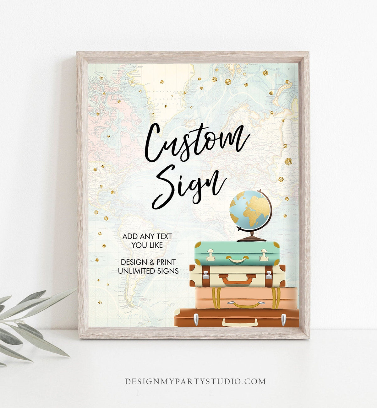 Editable Custom Sign Travel Adventure Baby Shower Sign Bridal Shower Traveling Gold Suitcases Gender Neutral Corjl Template PRINTABLE 0263