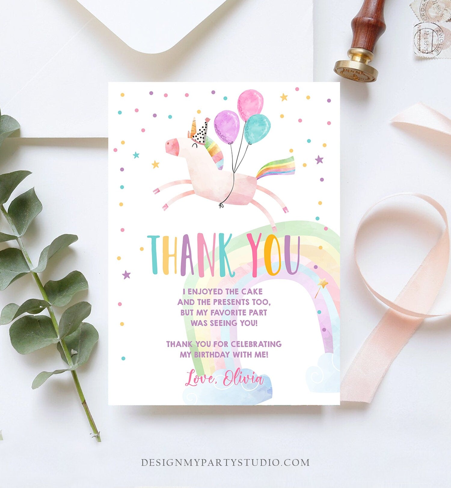 Editable Unicorn Thank You Card Girl Birthday Thank You Note Pink Gold Magical Party Baby Shower Download Corjl Template Printable 0336