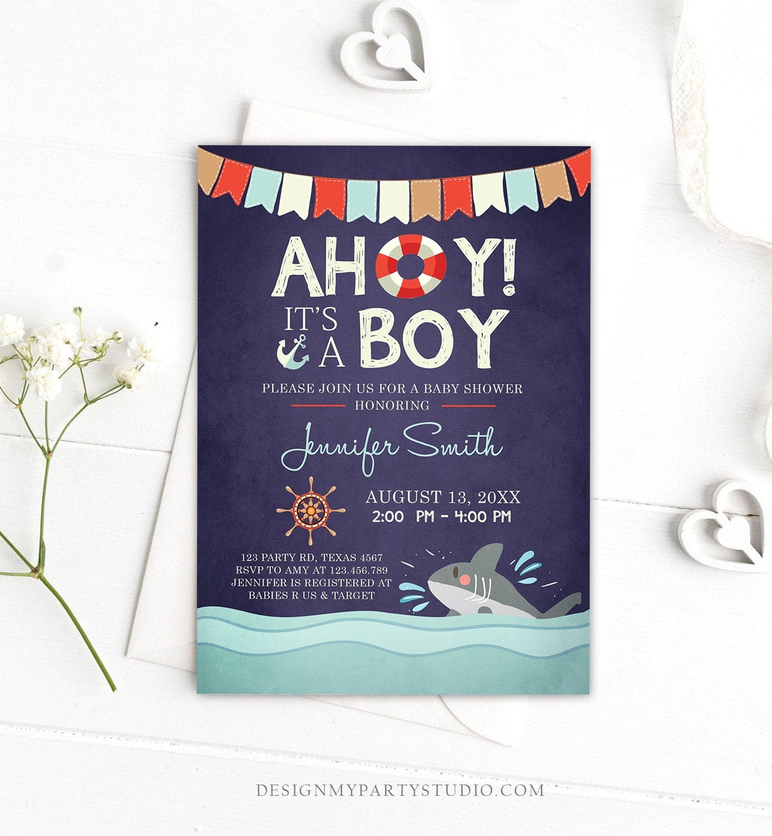 Editable Nautical Baby Shower Invitation Ahoy Its A Boy Baby Shark It's A Boy Ocean Red Navy Blue Instant Digital Corjl Template 0018