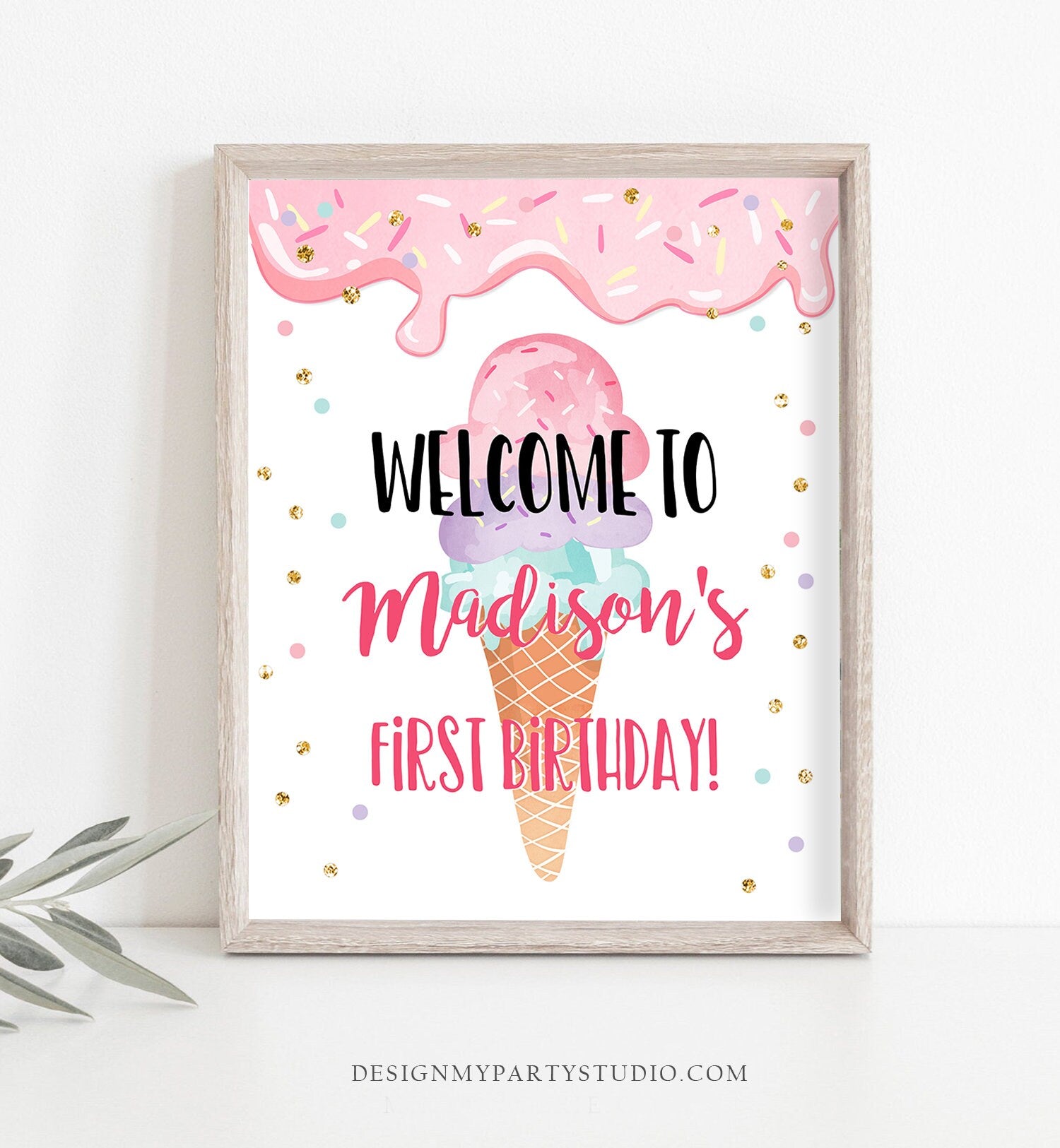 Editable Ice Cream Party Welcome Sign ice Cream Birthday Welcome Ice Cream Welcome Girl Summer Pink Purple Digital Template Printable 0243