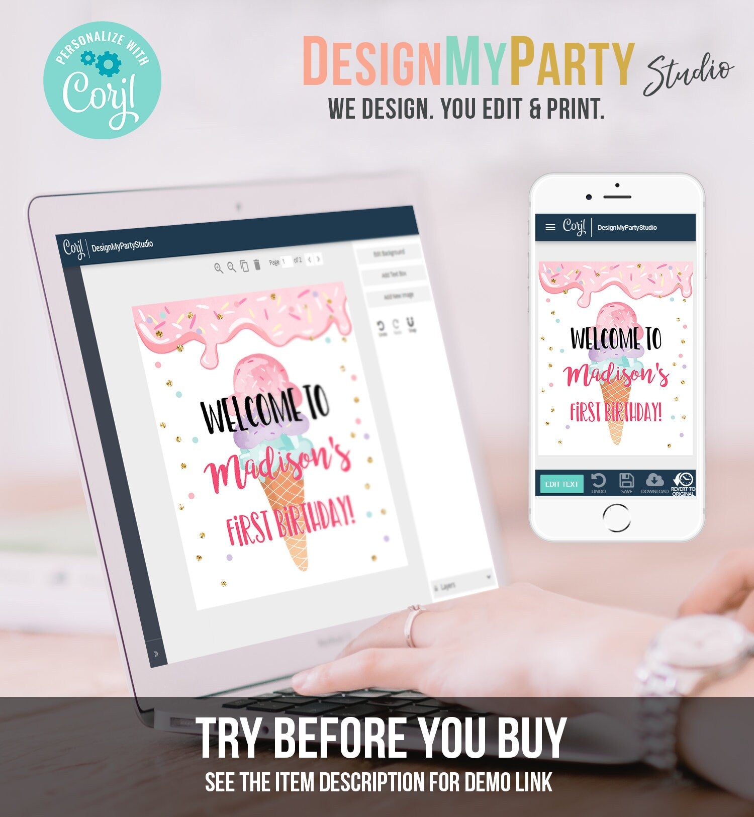 Editable Ice Cream Party Welcome Sign ice Cream Birthday Welcome Ice Cream Welcome Girl Summer Pink Purple Digital Template Printable 0243