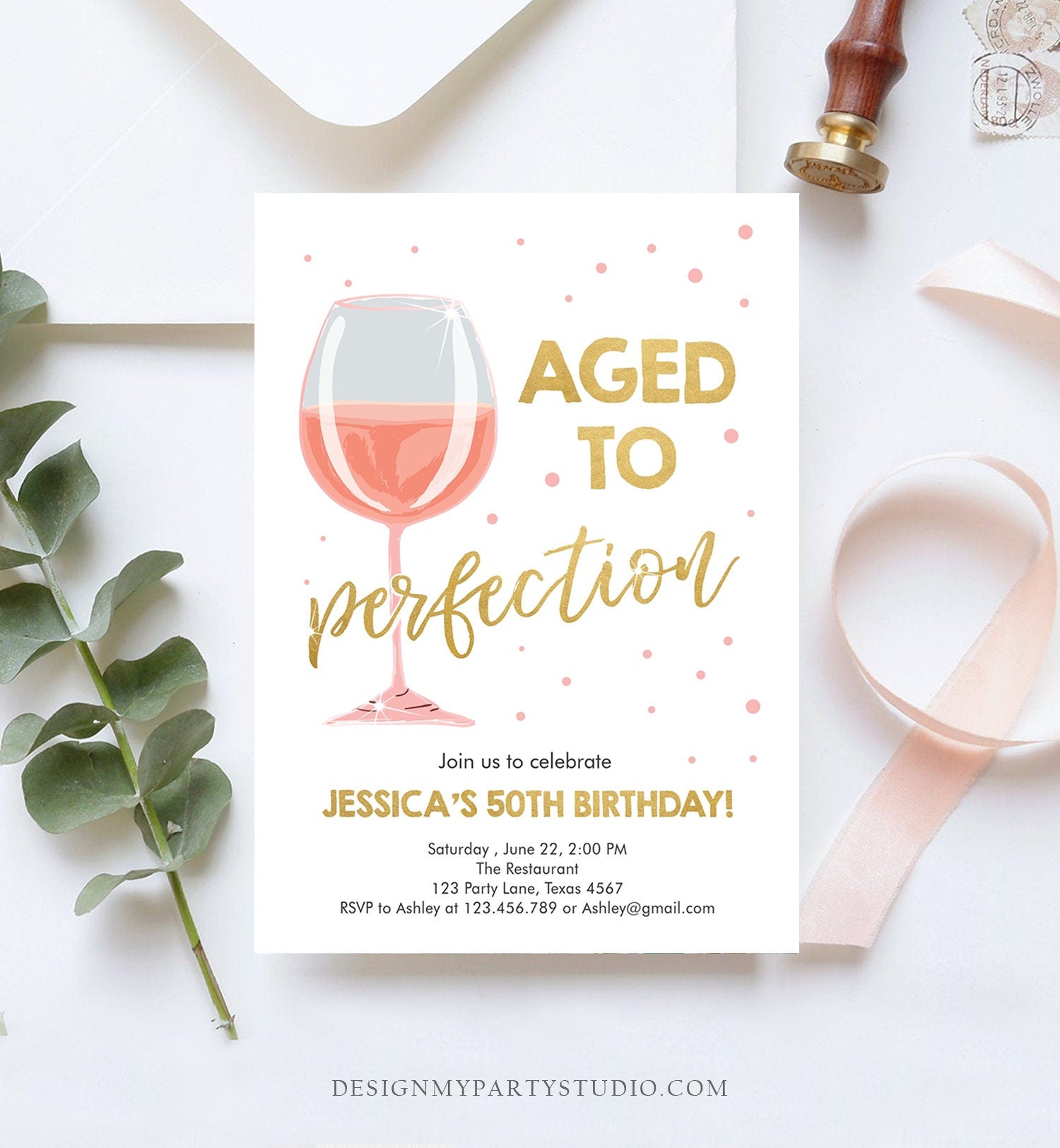 Editable Aged to Perfection Birthday Invitation Pink Rose Wine Glass Adult Birthday Party Rustic Surprise Corjl Template Printable 0252