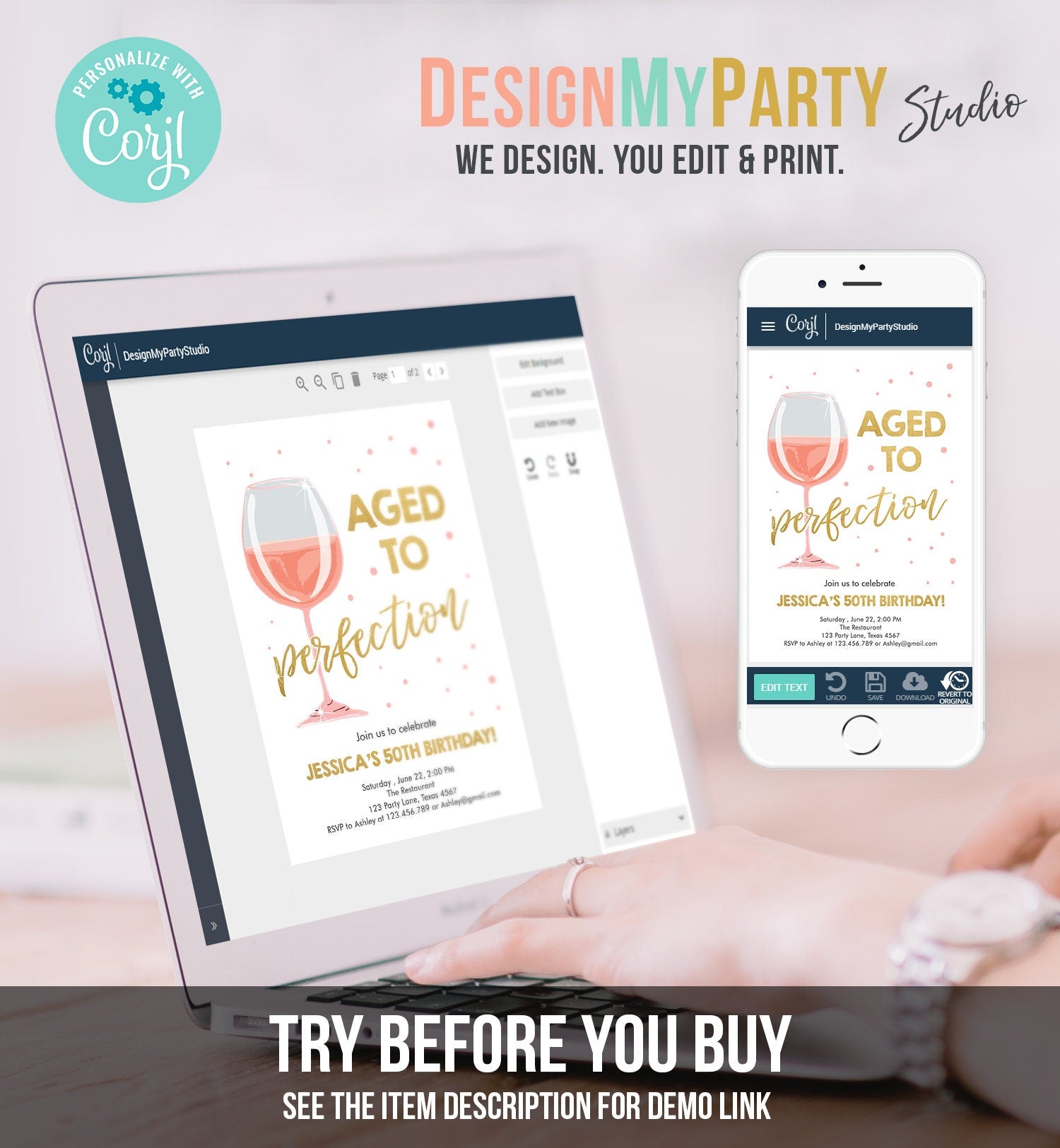 Editable Aged to Perfection Birthday Invitation Pink Rose Wine Glass Adult Birthday Party Rustic Surprise Corjl Template Printable 0252