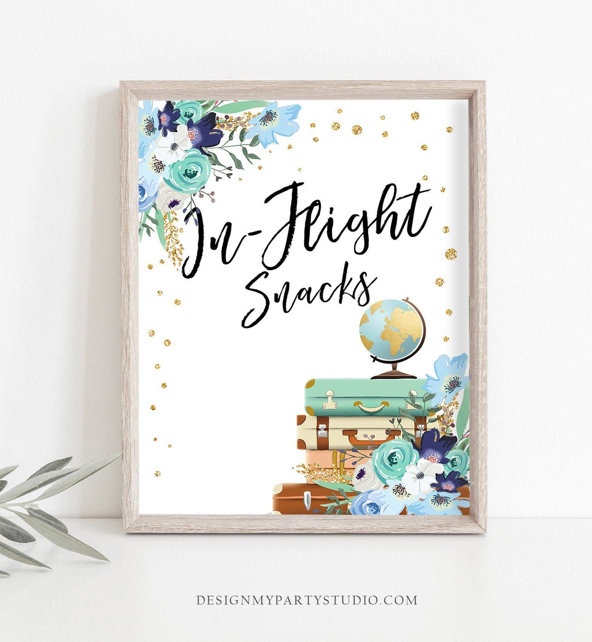 In-Flight Snacks Sign Travel Adventure Bridal Shower Wedding Birthday Flowers Globe Suitcases Blue Confetti Instant Download PRINTABLE 0030