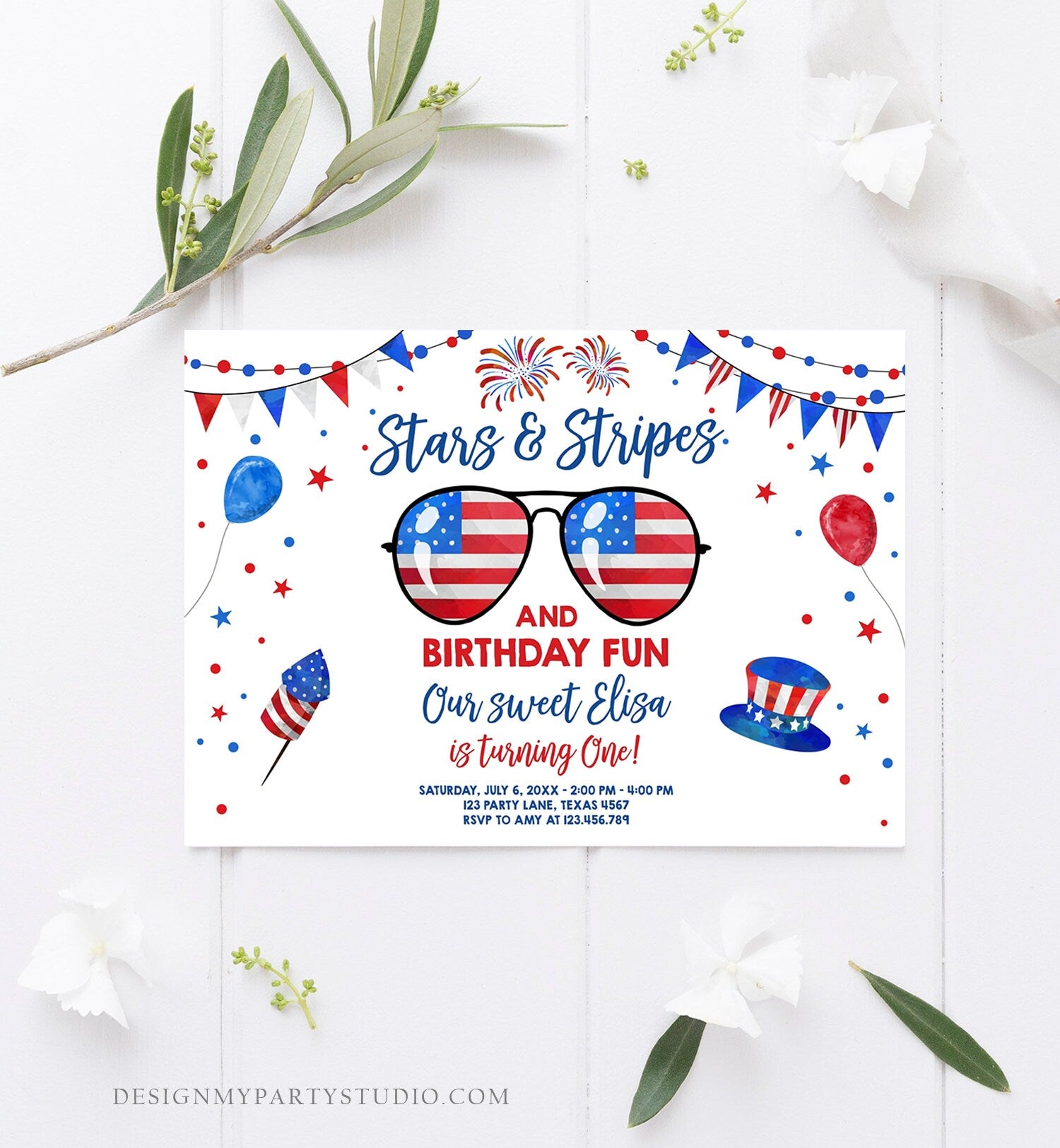 Editable Memorial Day Birthday Invitation 4th of July Little Firecracker Stars and Stripes Red White Blue Template Corjl Digital 0122