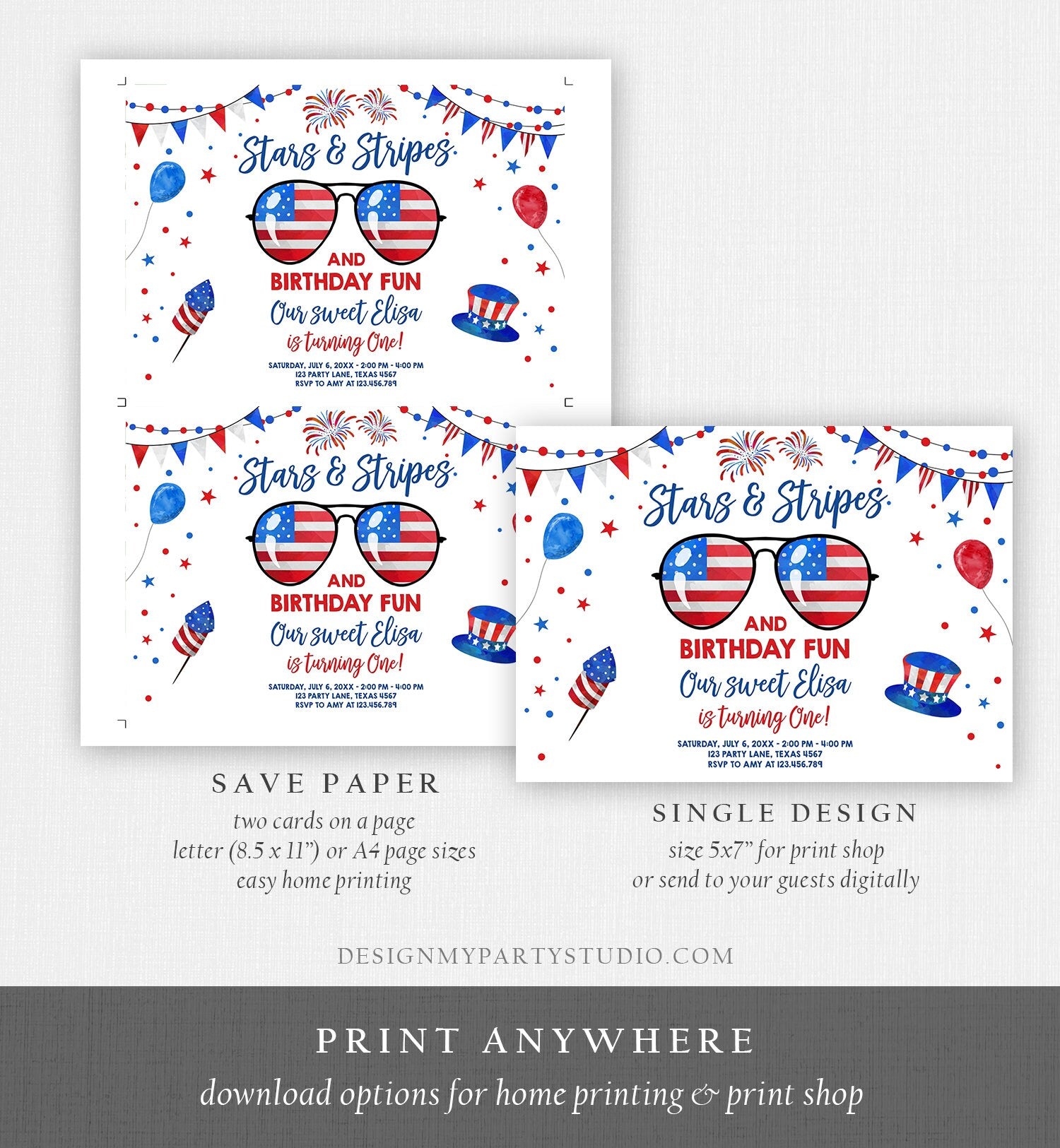 Editable Memorial Day Birthday Invitation 4th of July Little Firecracker Stars and Stripes Red White Blue Template Corjl Digital 0122