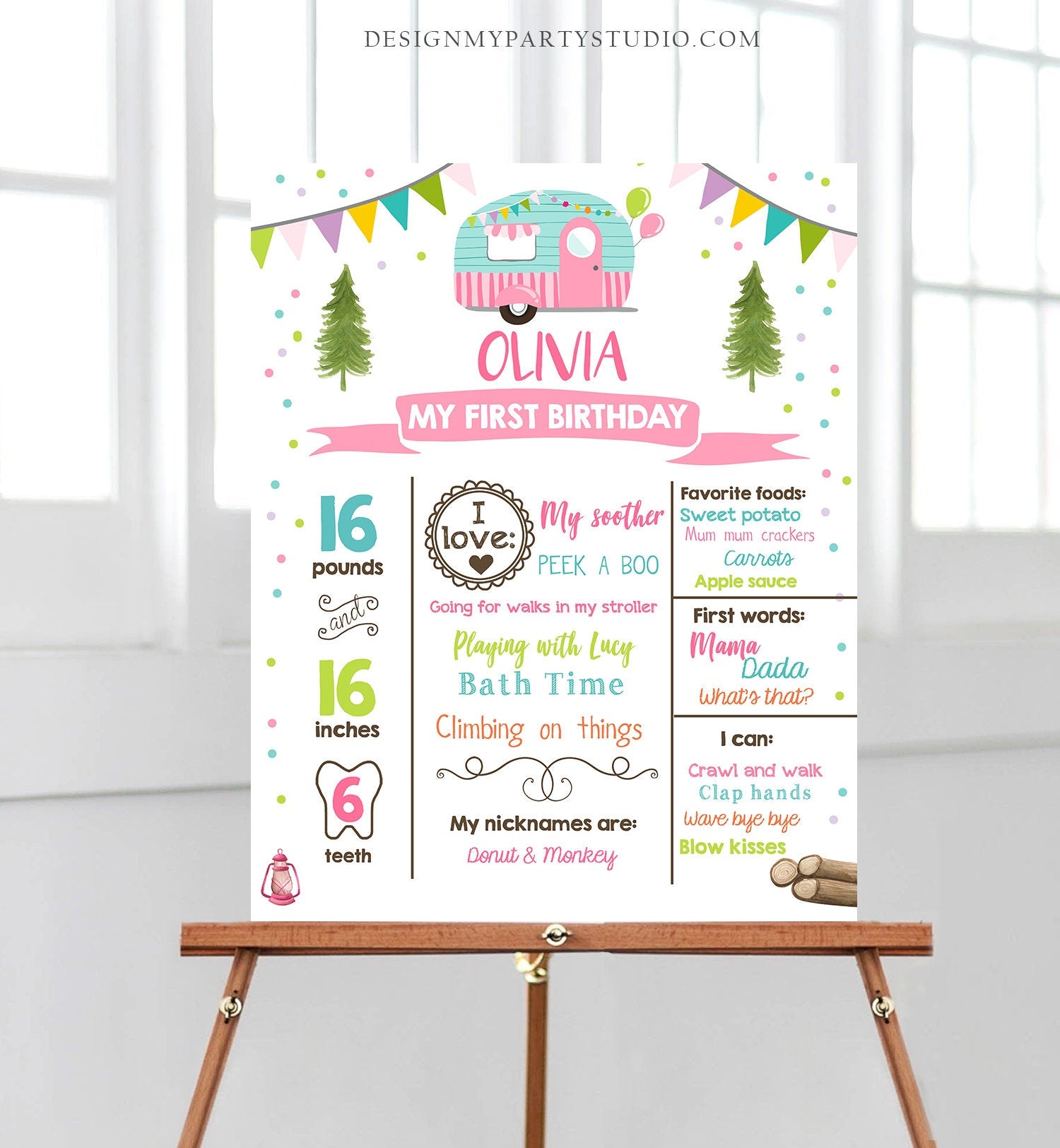 Editable Happy Camper Birthday Milestones Sign ANY AGE Pink Camper Girl Glamping Party Decoration Download Template Printable Corjl 0342