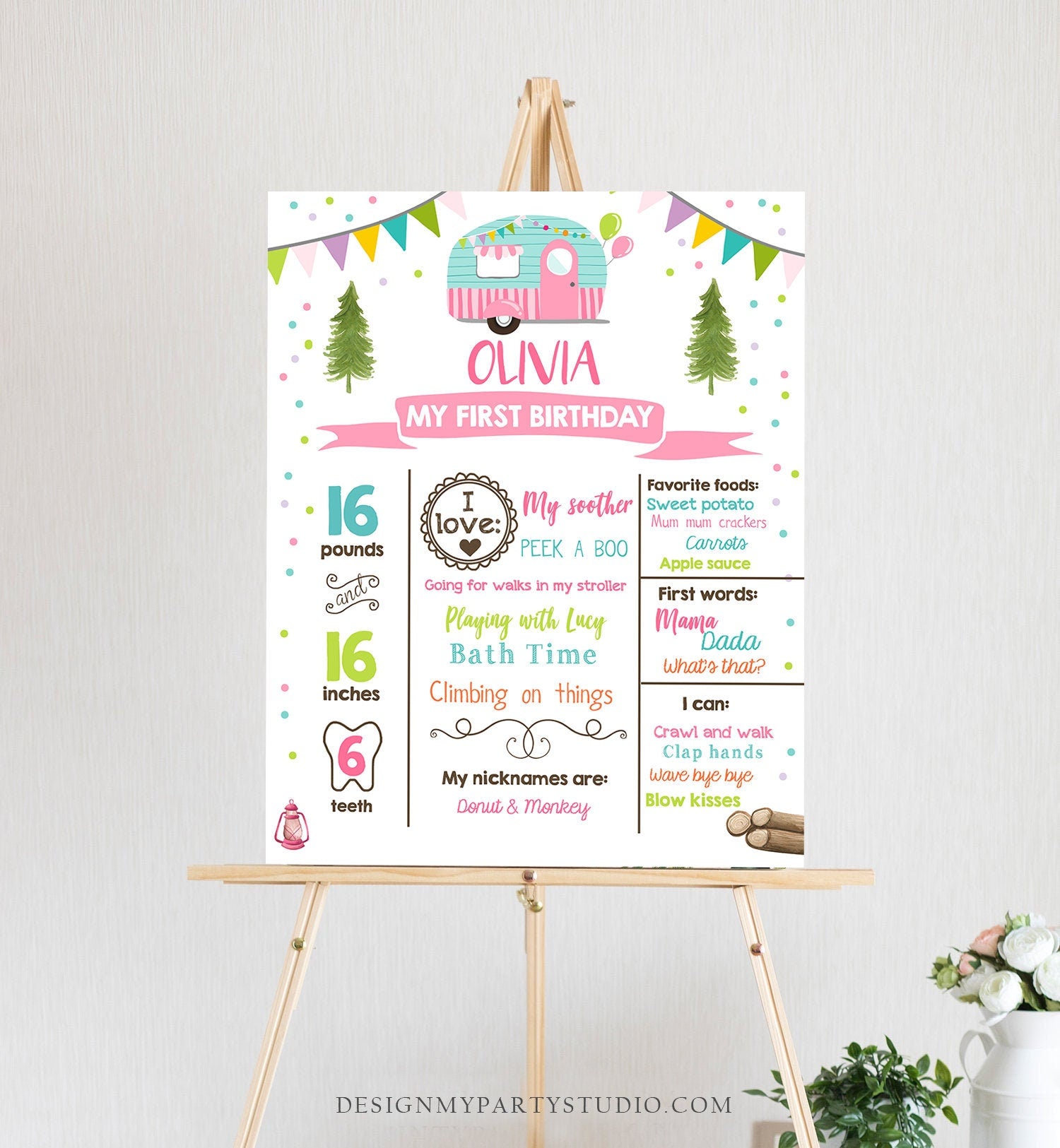 Editable Happy Camper Birthday Milestones Sign ANY AGE Pink Camper Girl Glamping Party Decoration Download Template Printable Corjl 0342