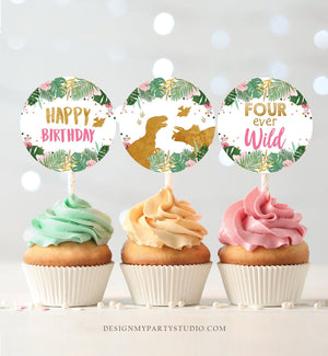 Fourever Wild Cupcake Toppers Favor Tags Dinosaur Fourth Birthday Party 4th Decor Girl Stickers Dino Party Pink Gold Download Printable 0146