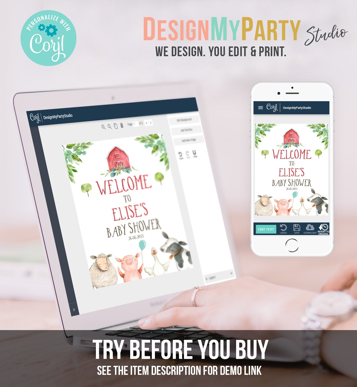 Editable Farm Baby Shower Welcome Sign Girl Barnyard Birthday Welcome Sign Farm Animals Birthday Welcome Boy Template Corjl PRINTABLE 0155