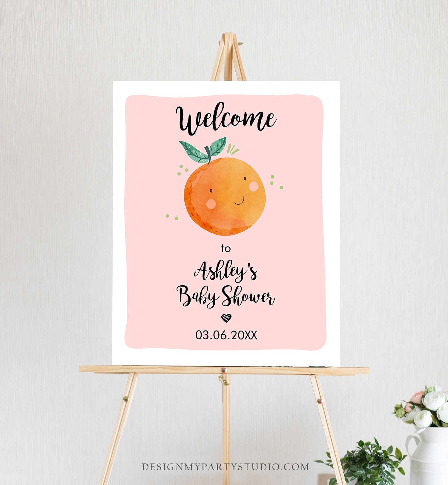 Editable Little Cutie Baby Shower Sign Welcome Baby Girl Pink Couples Shower Clementine Orange Shower Sign Yard Sign Corjl Template 0330