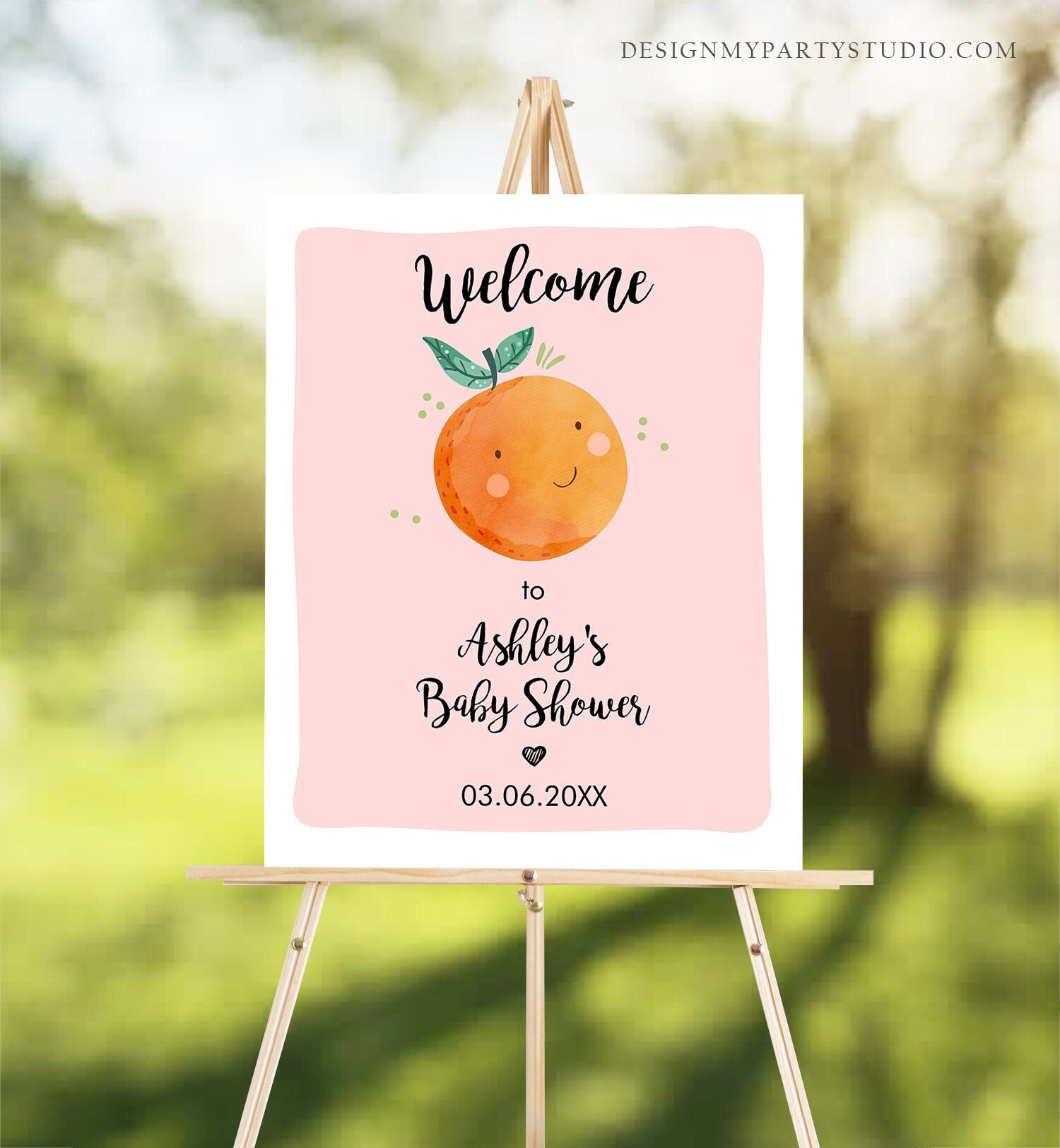 Editable Little Cutie Baby Shower Sign Welcome Baby Girl Pink Couples Shower Clementine Orange Shower Sign Yard Sign Corjl Template 0330